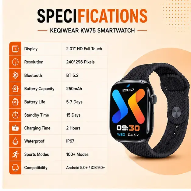 KEQIWEAR KW75 Max Smart Watch with BT Calling | Full HD Touch Display | Wireless Charging | 3 Interchangeable Straps | Premium Smartwatch 3