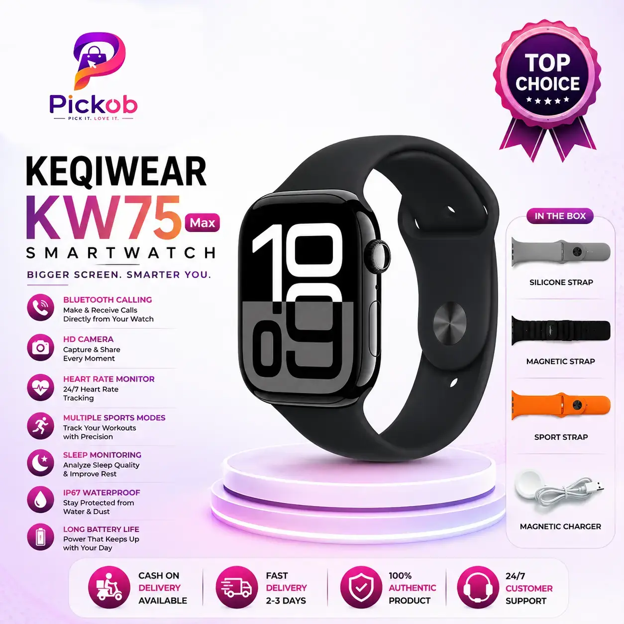 KEQIWEAR KW75 Max Smart Watch with BT Calling | Full HD Touch Display | Wireless Charging | 3 Interchangeable Straps | Premium Smartwatch