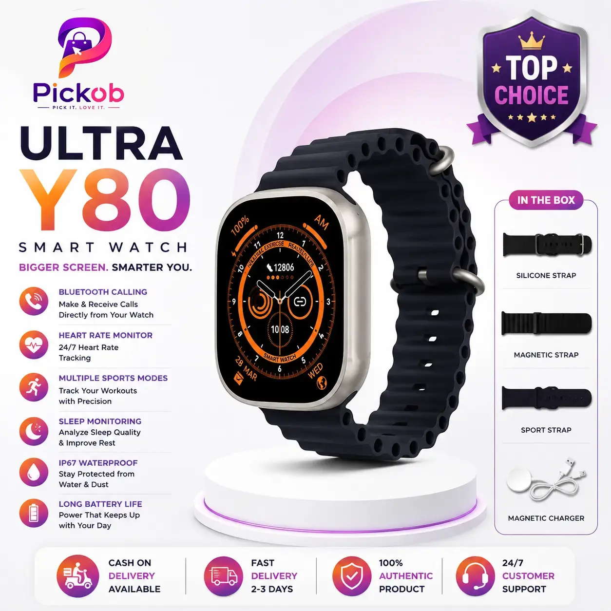 Ultra Y80 Smart Watch with Bluetooth Calling, HD Display, Health Monitoring & Sports Tracking Features