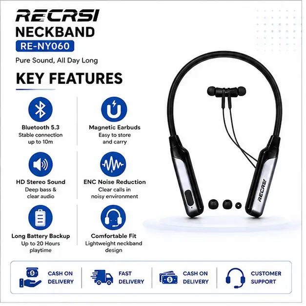 Recrsi RE-NY060-200H Wireless Neckband Bluetooth Earphone with Deep Bass, Long Battery Life & HD Calling 3
