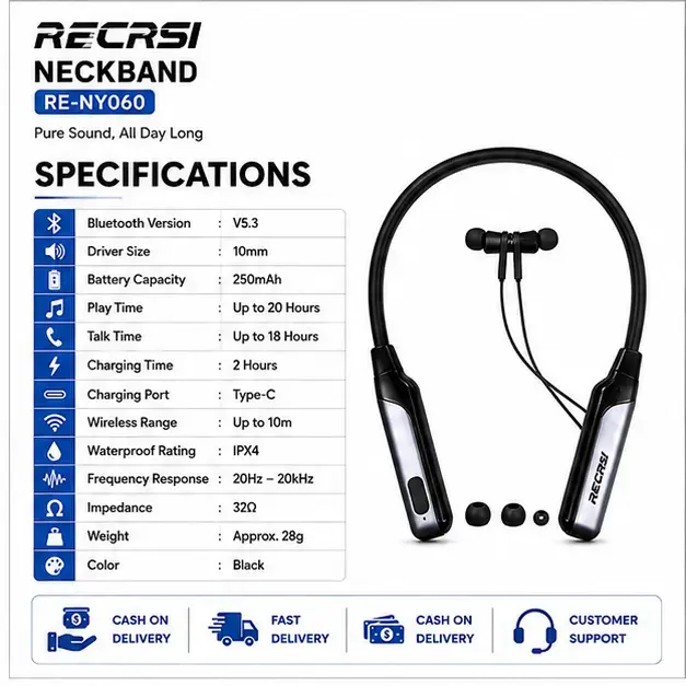 Recrsi RE-NY060-200H Wireless Neckband Bluetooth Earphone with Deep Bass, Long Battery Life & HD Calling 4