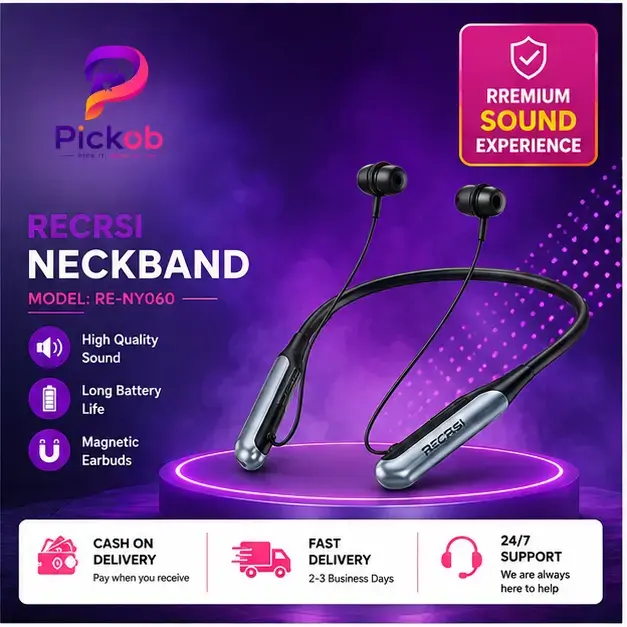 Recrsi RE-NY060-200H Wireless Neckband Bluetooth Earphone with Deep Bass, Long Battery Life & HD Calling