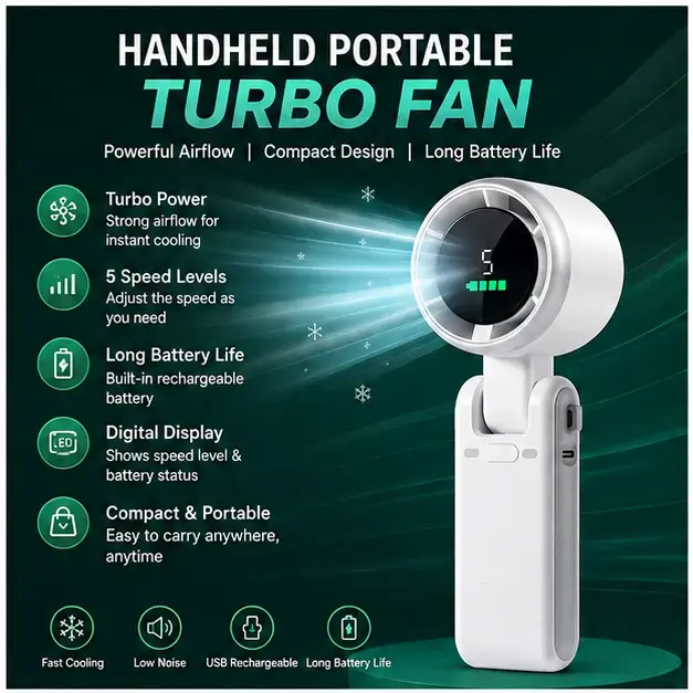 Handheld Portable Turbo Fan Rechargeable Mini Cooling Fan with High-Speed Turbo Airflow & Adjustable Wind Speeds 4