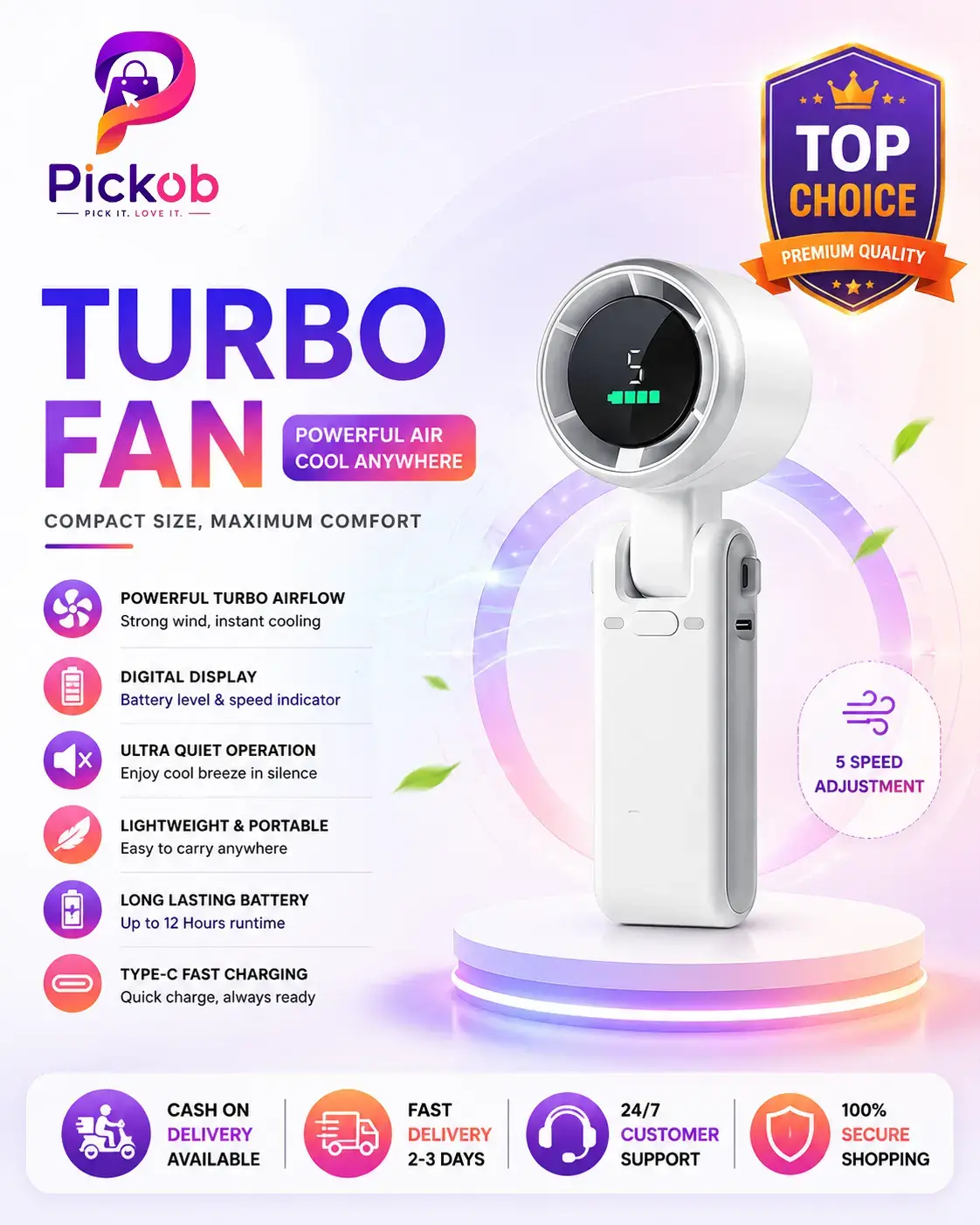 Handheld Portable Turbo Fan Rechargeable Mini Cooling Fan with High-Speed Turbo Airflow & Adjustable Wind Speeds