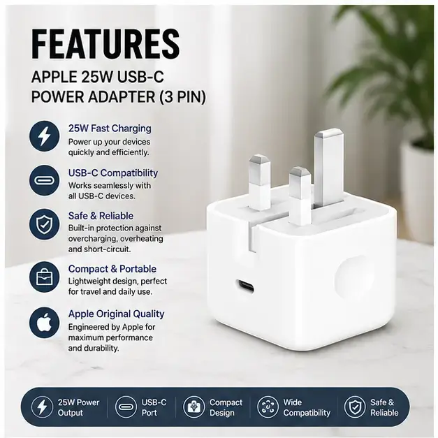 Apple 25W USB-C Power Adapter (3-Pin) | Fast Charging USB-C Wall Charger  4