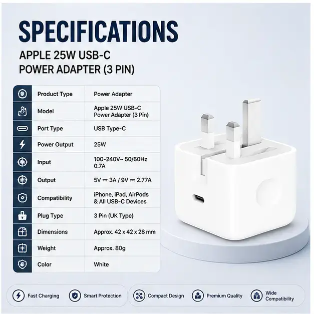 Apple 25W USB-C Power Adapter (3-Pin) | Fast Charging USB-C Wall Charger  3