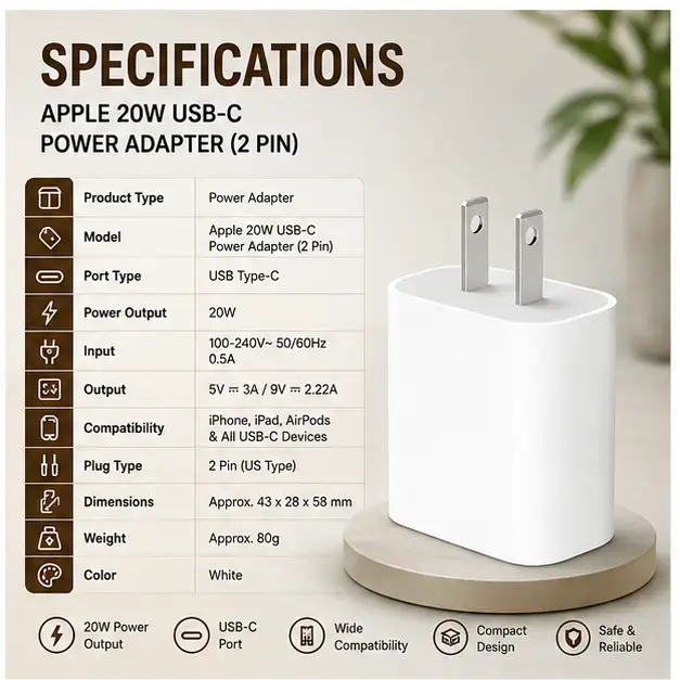Apple 20W USB-C Power Adapter (2-Pin) | Fast Charging Wall Charger  3