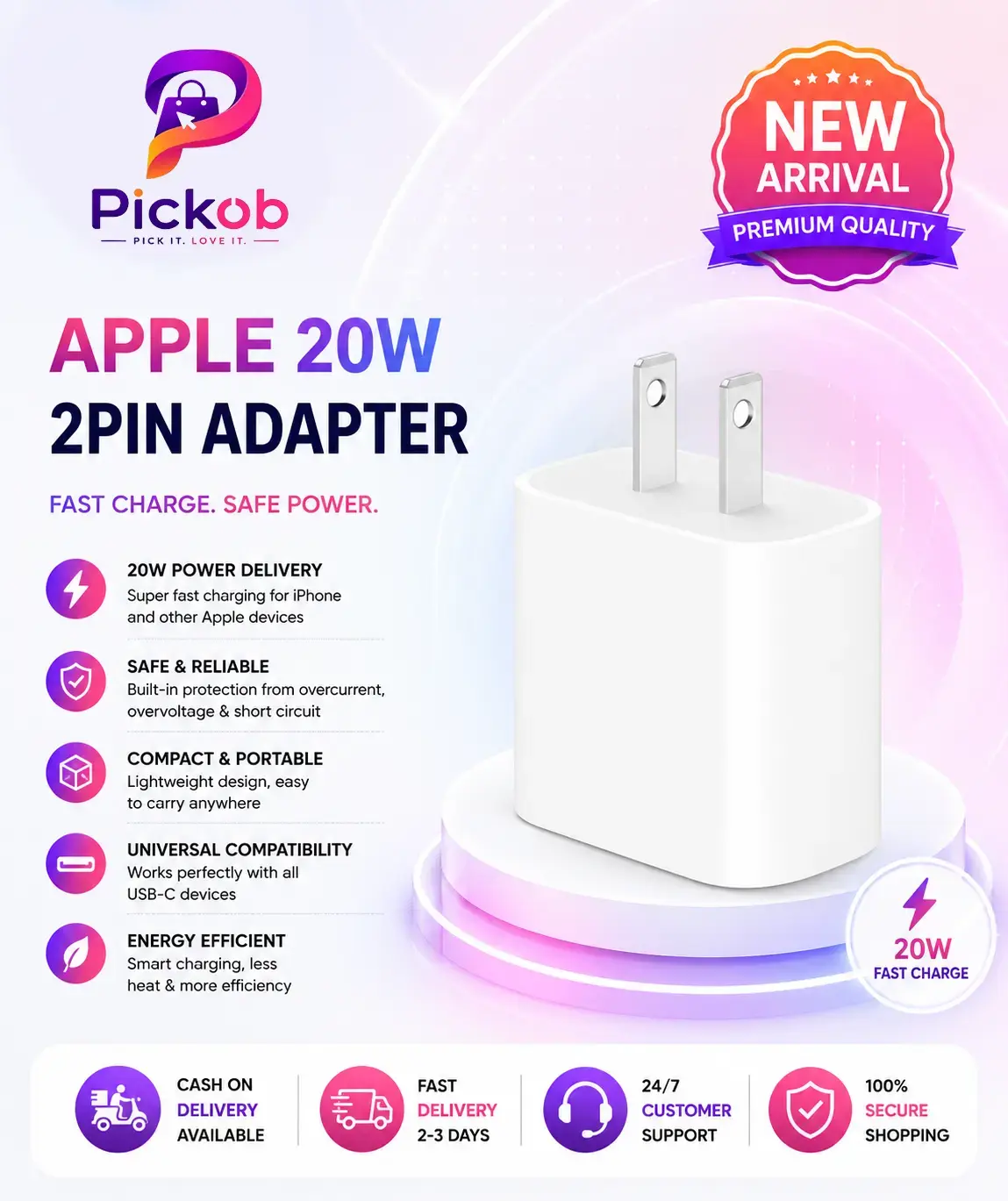 Apple 20W USB-C Power Adapter (2-Pin) | Fast Charging Wall Charger 
