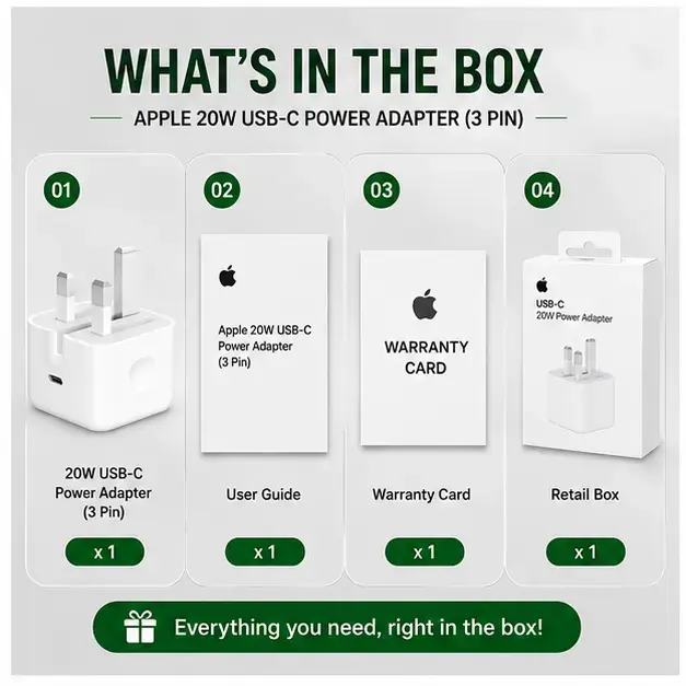 Apple 20W USB-C Power Adapter (3-Pin) | Fast Charging Wall Charger | UK Plug | Compatible with iPhone, iPad & AirPods 5