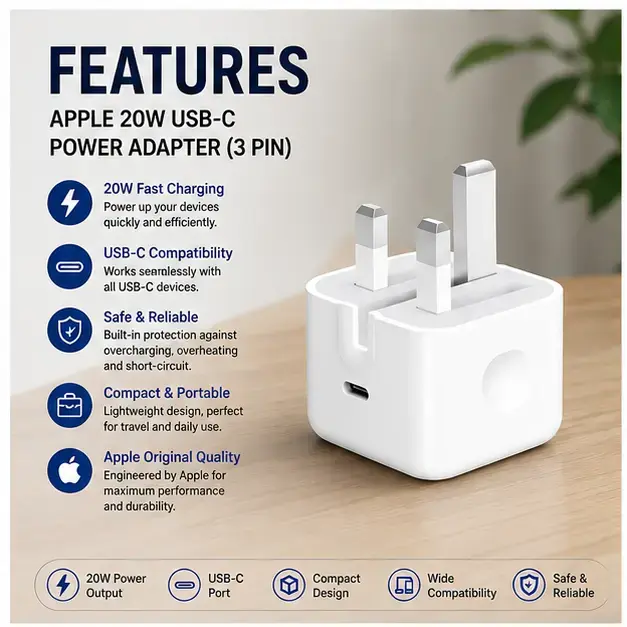 Apple 20W USB-C Power Adapter (3-Pin) | Fast Charging Wall Charger | UK Plug | Compatible with iPhone, iPad & AirPods 3