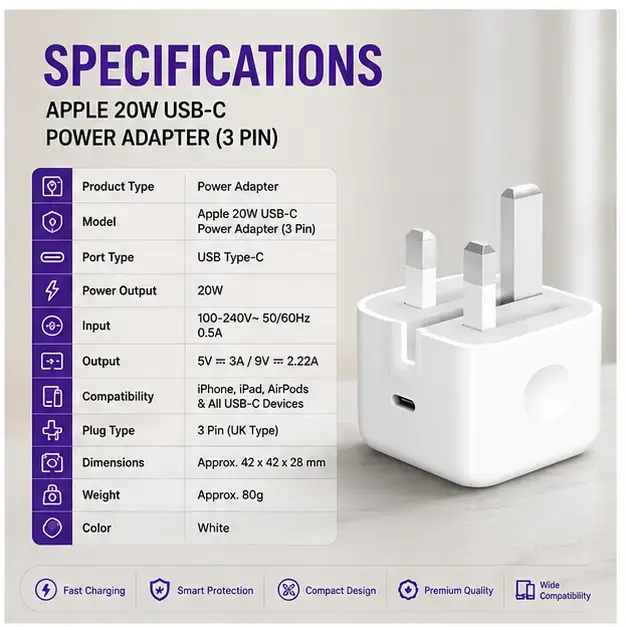 Apple 20W USB-C Power Adapter (3-Pin) | Fast Charging Wall Charger | UK Plug | Compatible with iPhone, iPad & AirPods 4