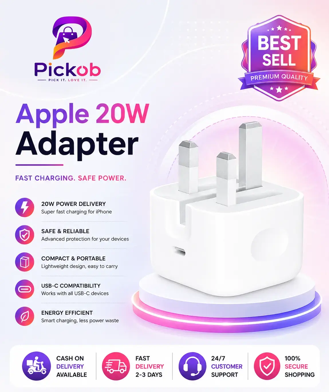 Apple 20W USB-C Power Adapter (3-Pin) | Fast Charging Wall Charger | UK Plug | Compatible with iPhone, iPad & AirPods