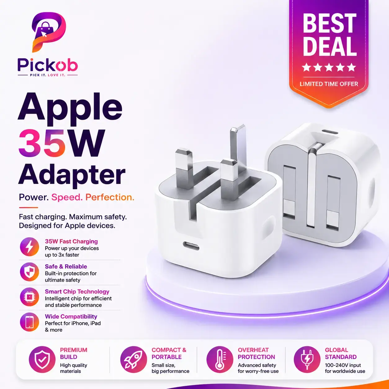 Apple 35W USB-C Power Adapter (3-Pin) | Dual USB-C Fast Charger