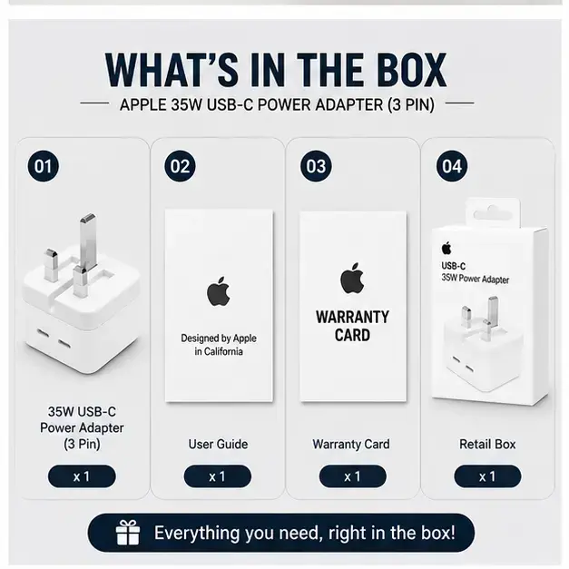 Apple 35W USB-C Power Adapter (3-Pin) | Dual USB-C Fast Charger 5