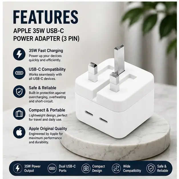 Apple 35W USB-C Power Adapter (3-Pin) | Dual USB-C Fast Charger 3