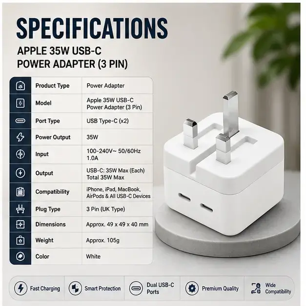 Apple 35W USB-C Power Adapter (3-Pin) | Dual USB-C Fast Charger 4