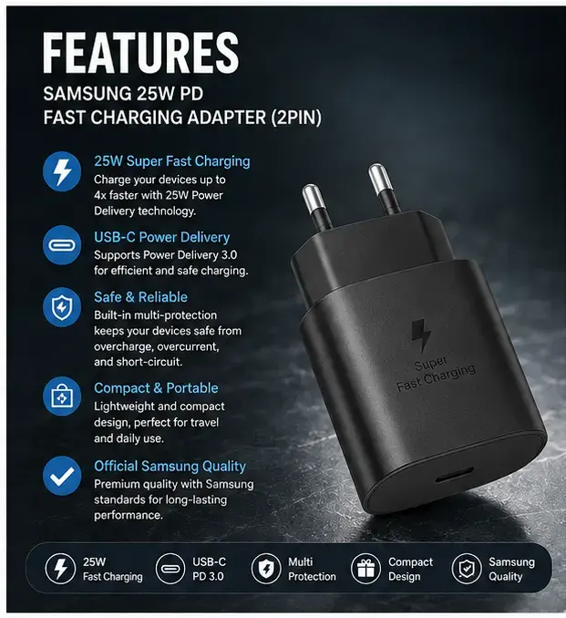 Samsung Original 25W Super Fast Charging Adapter (2 Pin) USB-C PD Charger 3