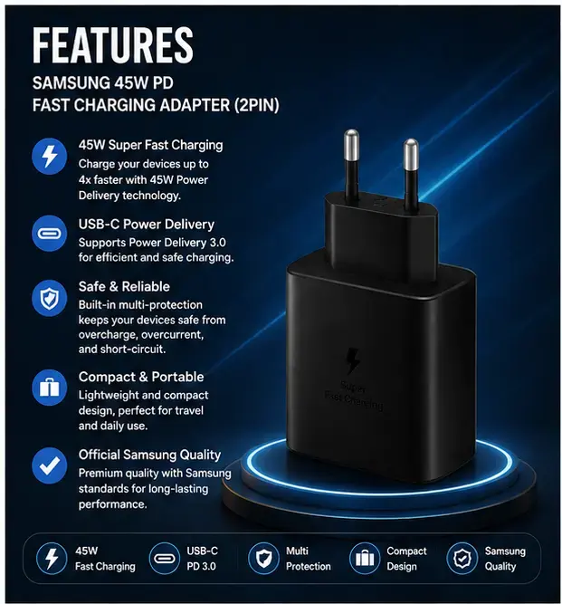 Samsung 45W Super Fast Charging USB-C Power Adapter (2-Pin) | USB-C PD PPS Wall Charger  4