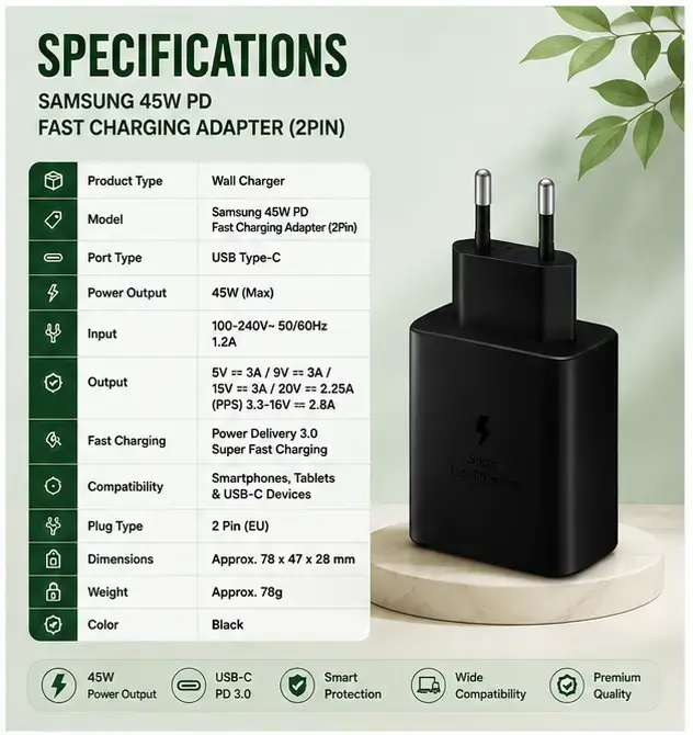 Samsung 45W Super Fast Charging USB-C Power Adapter (2-Pin) | USB-C PD PPS Wall Charger  3