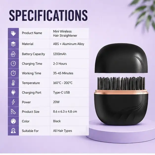 Mini Wireless Hair Straightener Comb – Portable USB Rechargeable Cordless Hair Styling Brush 4