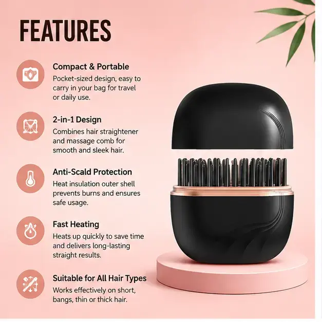 Mini Wireless Hair Straightener Comb – Portable USB Rechargeable Cordless Hair Styling Brush 3