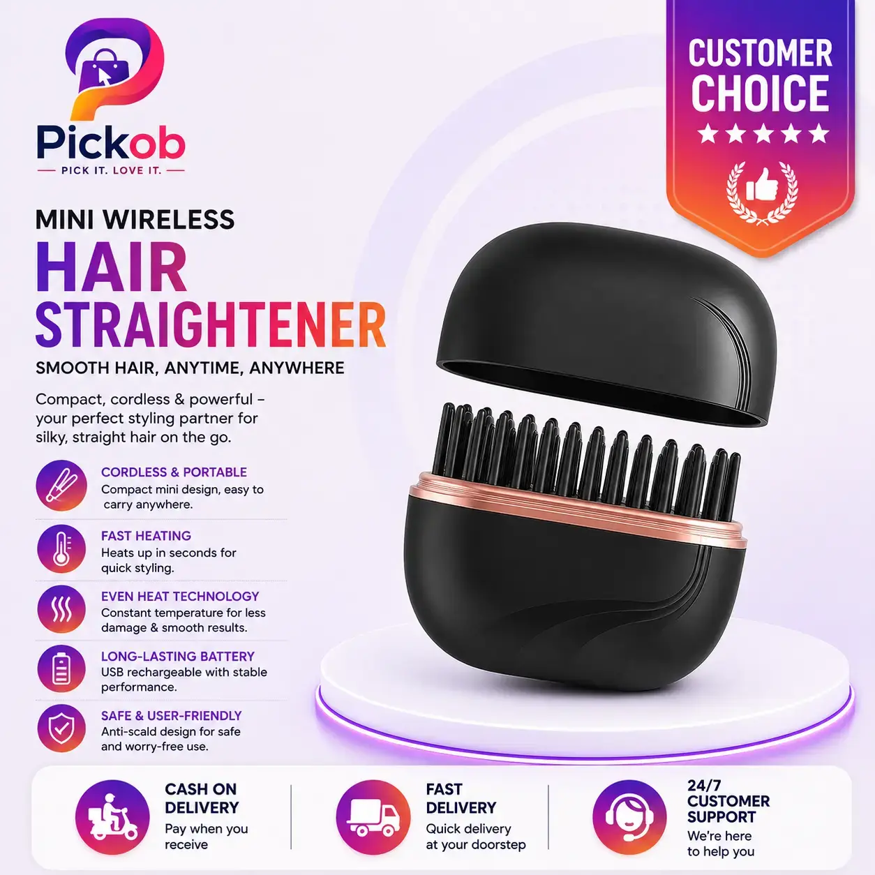 Mini Wireless Hair Straightener Comb – Portable USB Rechargeable Cordless Hair Styling Brush