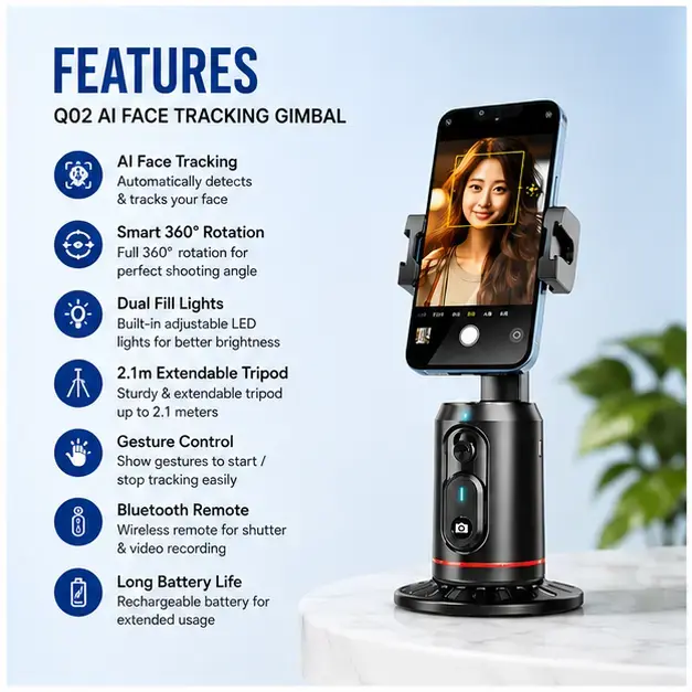 Q02 AI Face Tracking Gimbal 360° Auto Rotation Smart Phone Holder  4