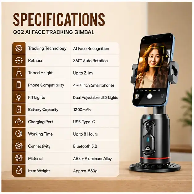Q02 AI Face Tracking Gimbal 360° Auto Rotation Smart Phone Holder  3