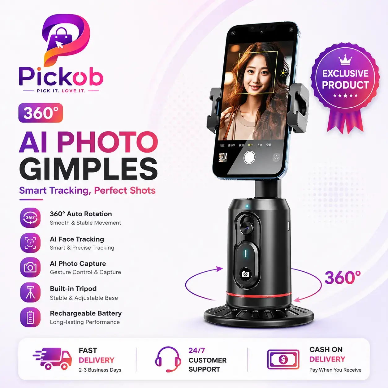 Q02 AI Face Tracking Gimbal 360° Auto Rotation Smart Phone Holder 