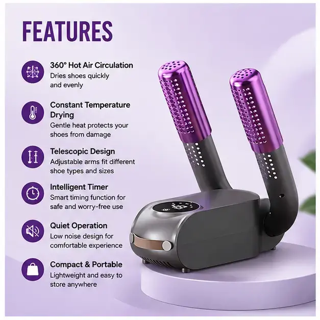 Automatic 2-Leg Shoe Dryer – Fast Drying Electric Shoe Dehumidifier with Constant Temperature & Auto Timer 4