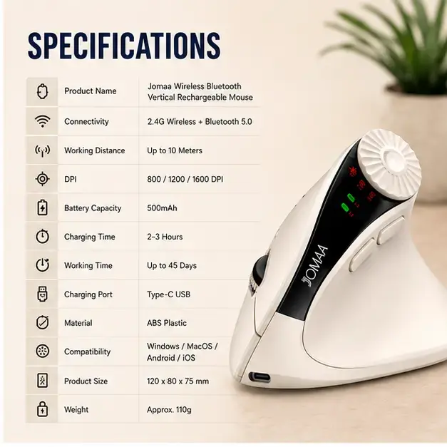 JOMAA Wireless Bluetooth Vertical Rechargeable Ergonomic Mouse  4