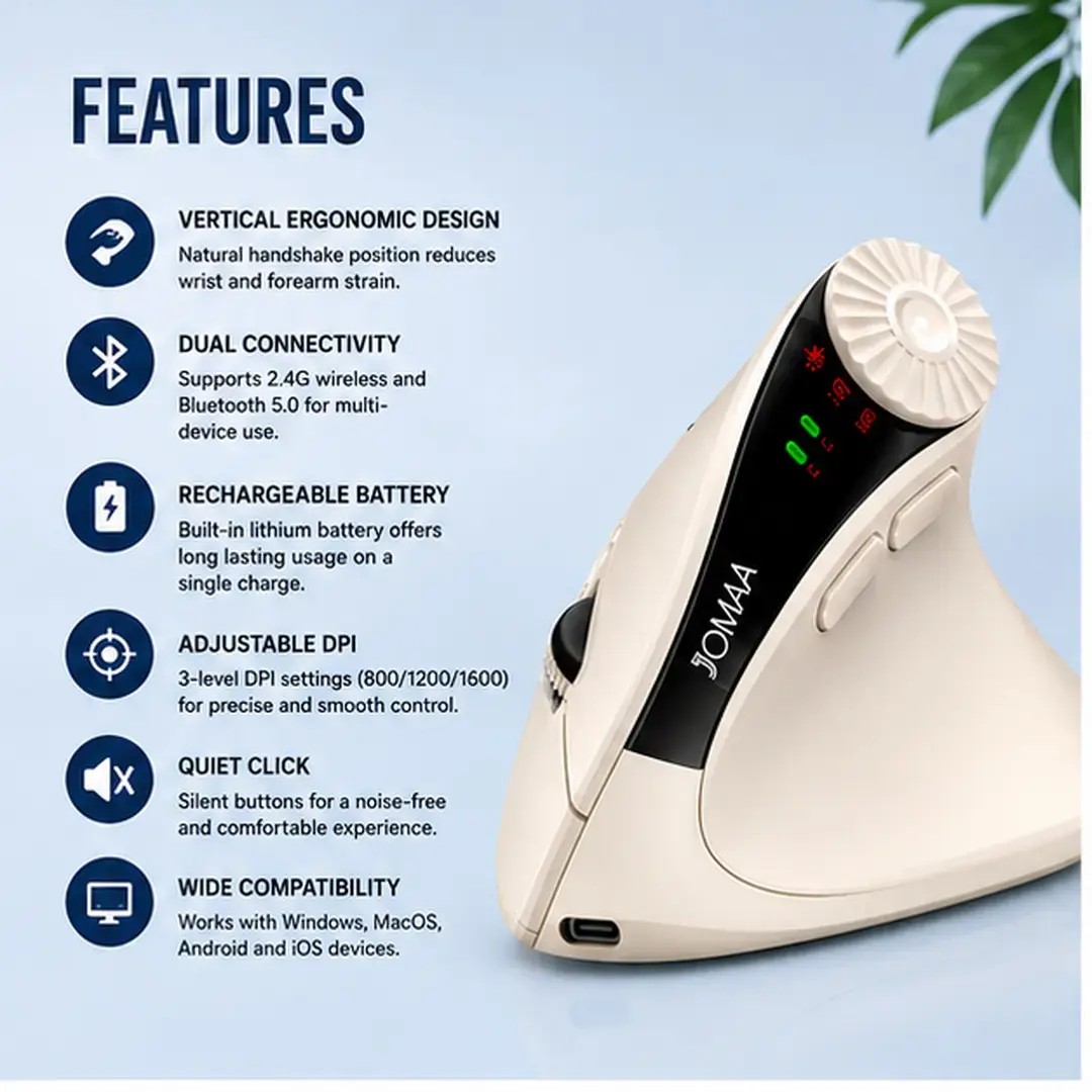 JOMAA Wireless Bluetooth Vertical Rechargeable Ergonomic Mouse  3