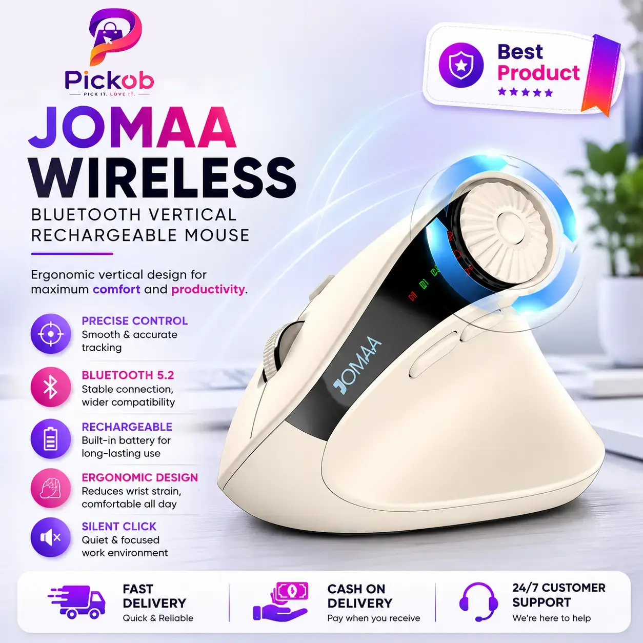 JOMAA Wireless Bluetooth Vertical Rechargeable Ergonomic Mouse