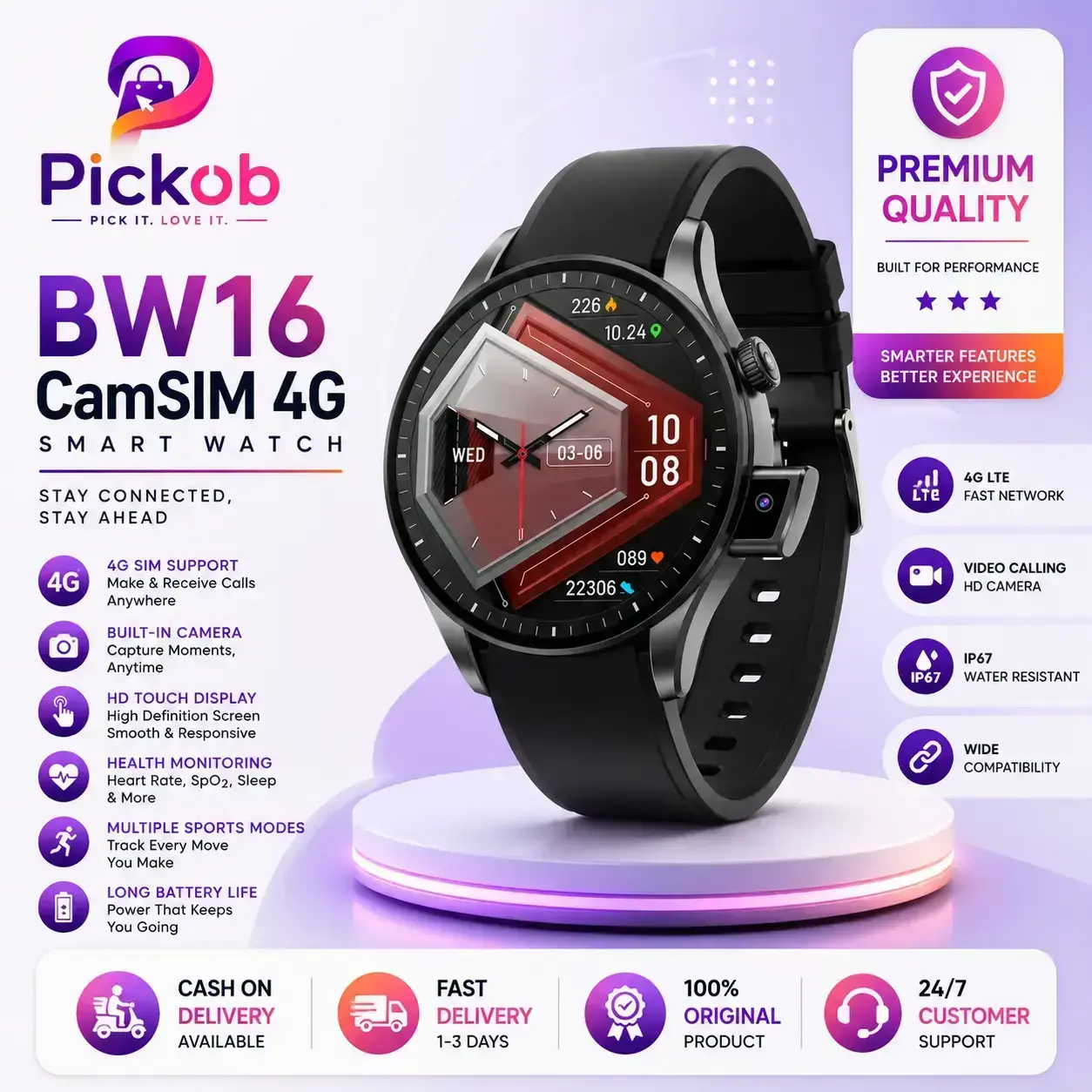 BW16 CamSim Smart Watch – Smart Calling, Stylish Design & Everyday Convenience