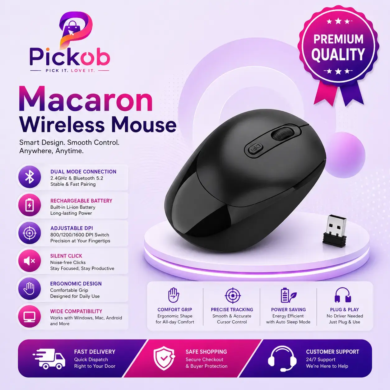 Macaron Rechargeable Mouse with Dual Connectivity – 2.4G + Bluetooth