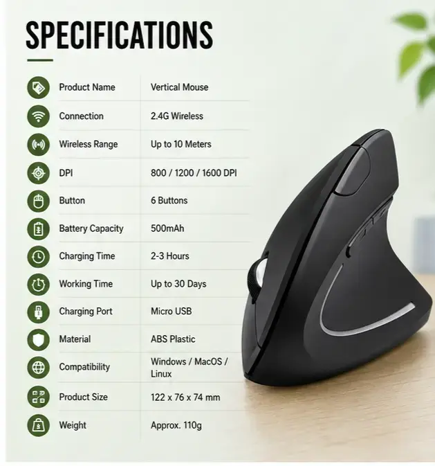 Vertical Wireless Mouse – Ergonomic Mouse with Adjustable DPI 4