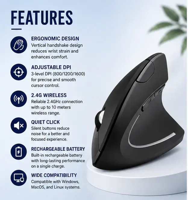 Vertical Wireless Mouse – Ergonomic Mouse with Adjustable DPI 3