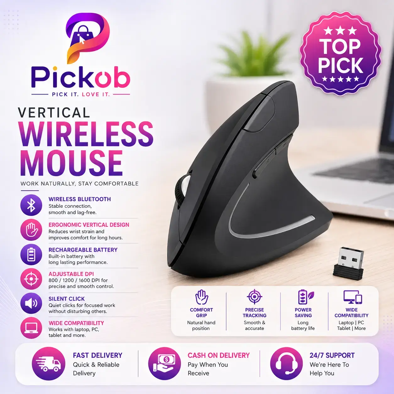 Vertical Wireless Mouse – Ergonomic Mouse with Adjustable DPI