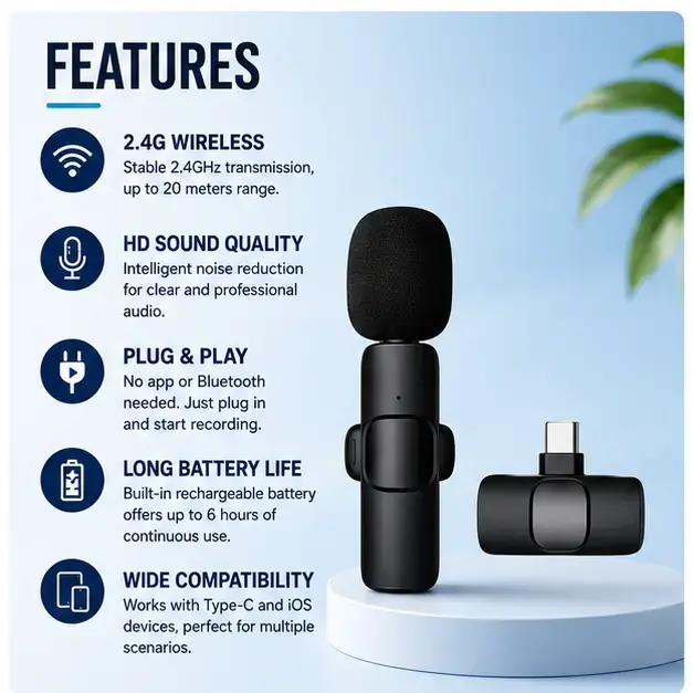 K8 Wireless Microphone with Type C and iPhone Compatible Head for Clear Audio Recording 4