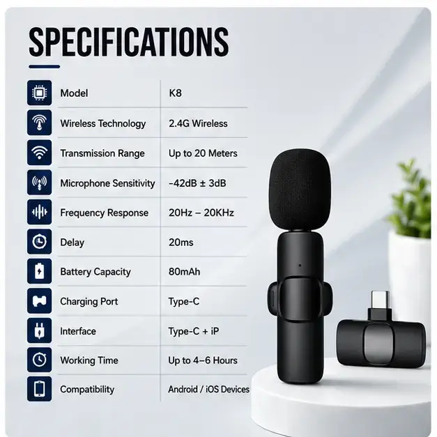 K8 Wireless Microphone with Type C and iPhone Compatible Head for Clear Audio Recording 3