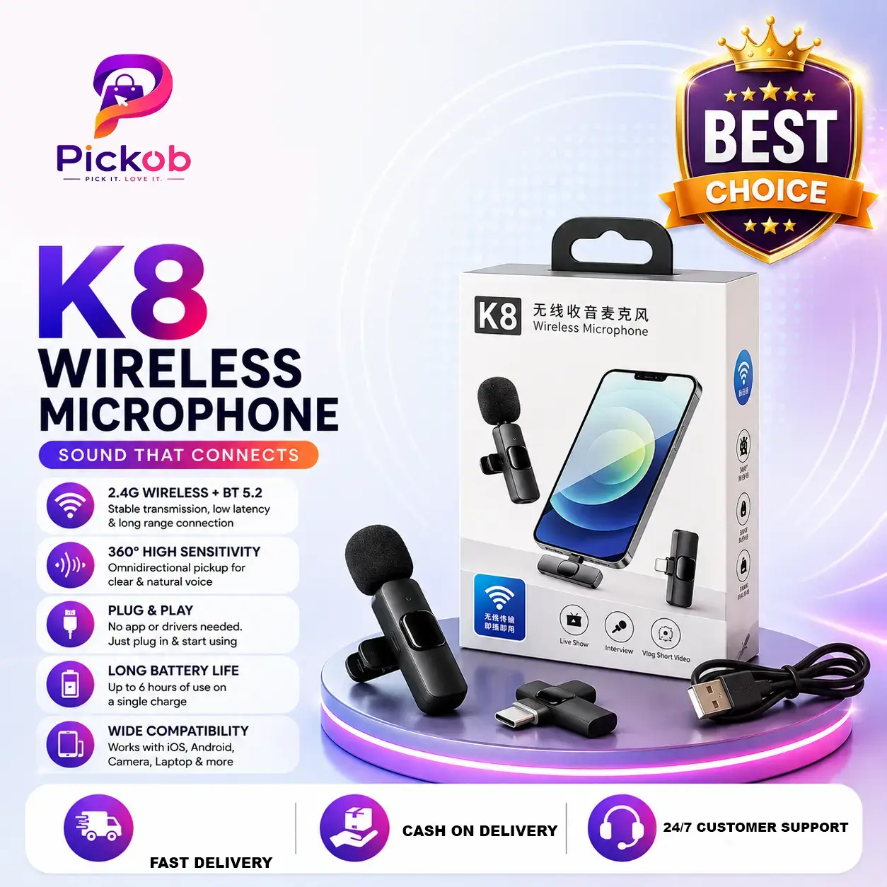 K8 Wireless Microphone with Type C and iPhone Compatible Head for Clear Audio Recording