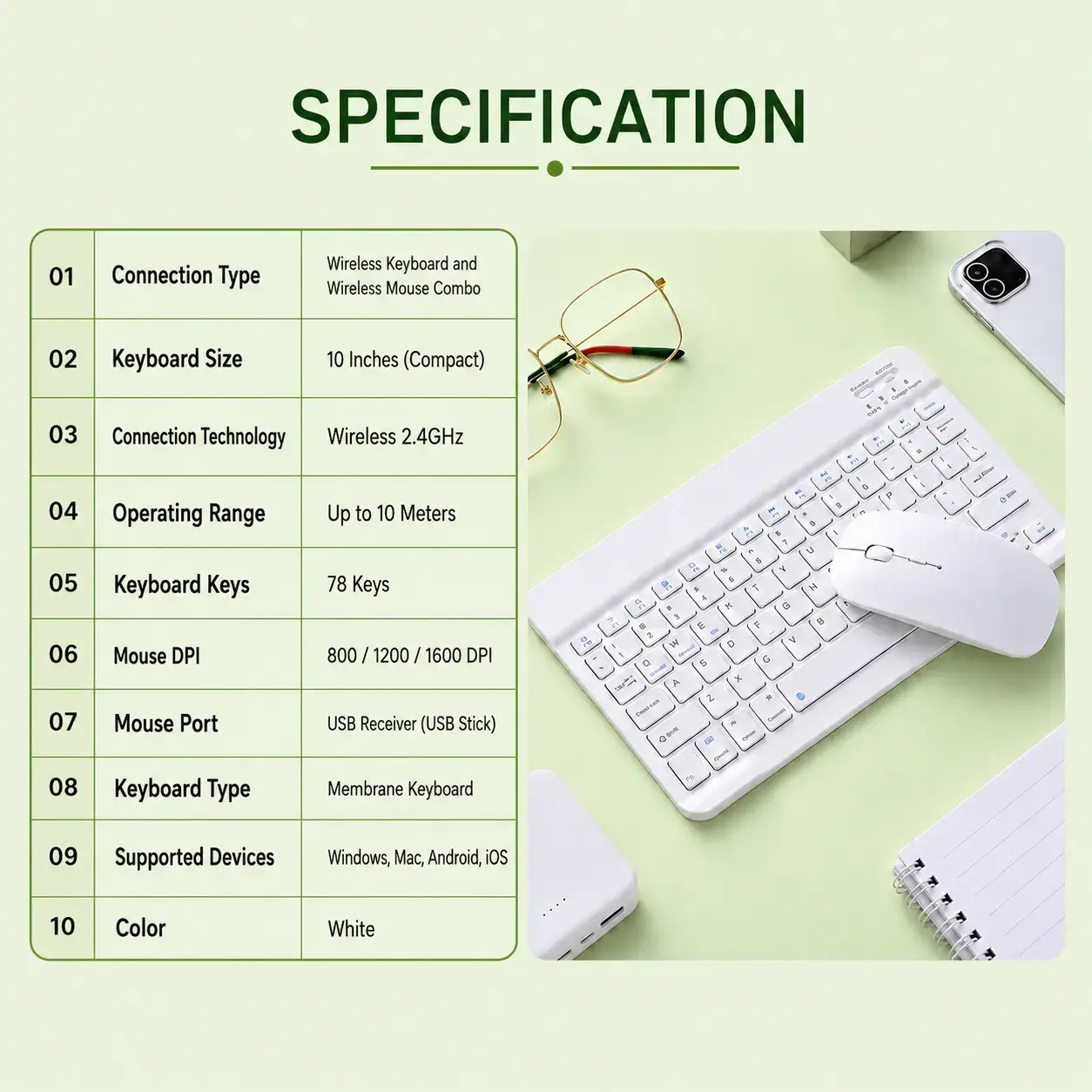 Portable 10-Inch Bluetooth Keyboard & Rechargeable Wireless Mouse – Multi-Platform Combo 4