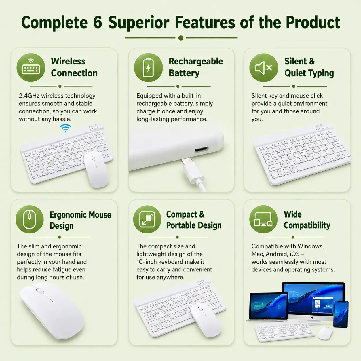 Portable 10-Inch Bluetooth Keyboard & Rechargeable Wireless Mouse – Multi-Platform Combo 3