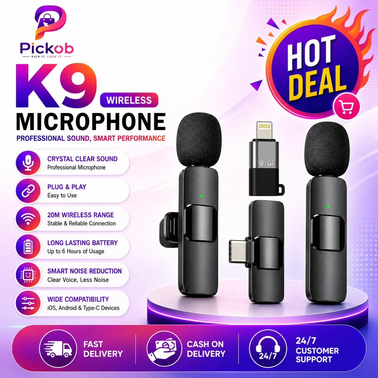K9 Wireless Microphone One to Two with Type C and iPhone Compatible Receivers
