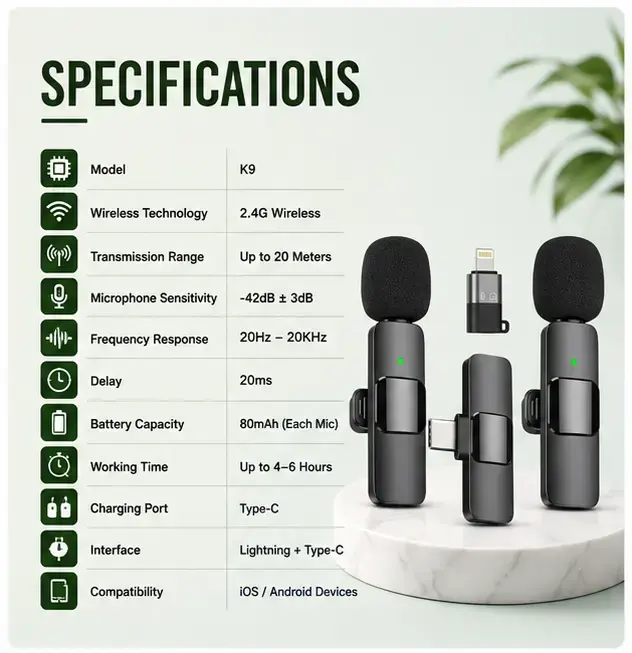 K9 Wireless Microphone One to Two with Type C and iPhone Compatible Receivers 3