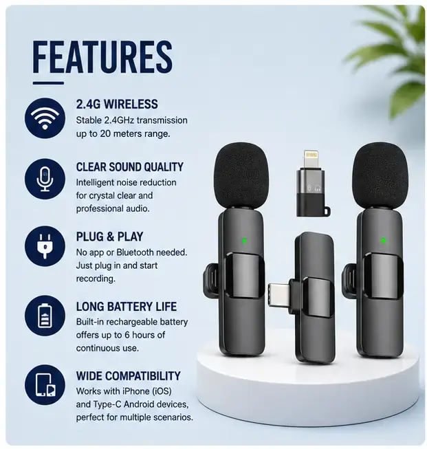 K9 Wireless Microphone with Type C, iPhone and V8 Compatibility  4