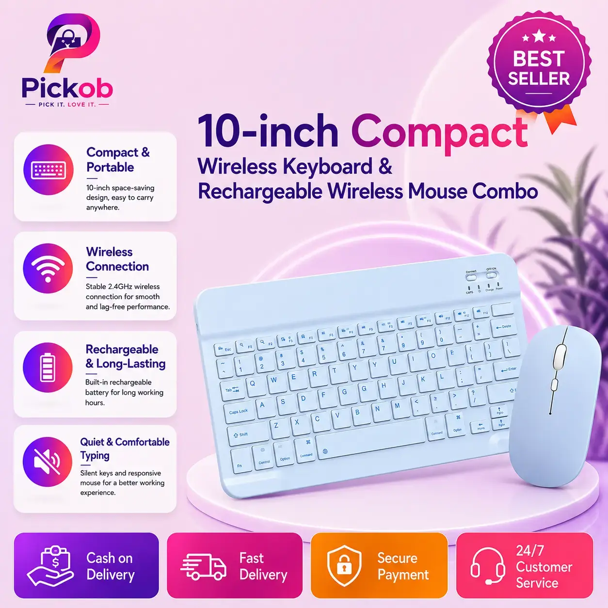 Sky Blue 10-Inch Slim Wireless Keyboard & Rechargeable Mouse Set – Bluetooth Multi-Device Combo