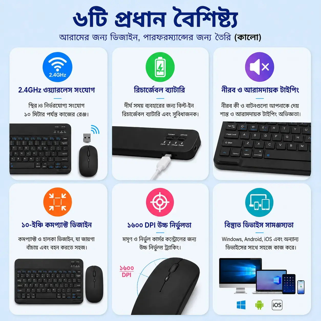 Black 10-Inch Slim Wireless Keyboard & Rechargeable Mouse Set – Bluetooth Multi-Device Combo 3