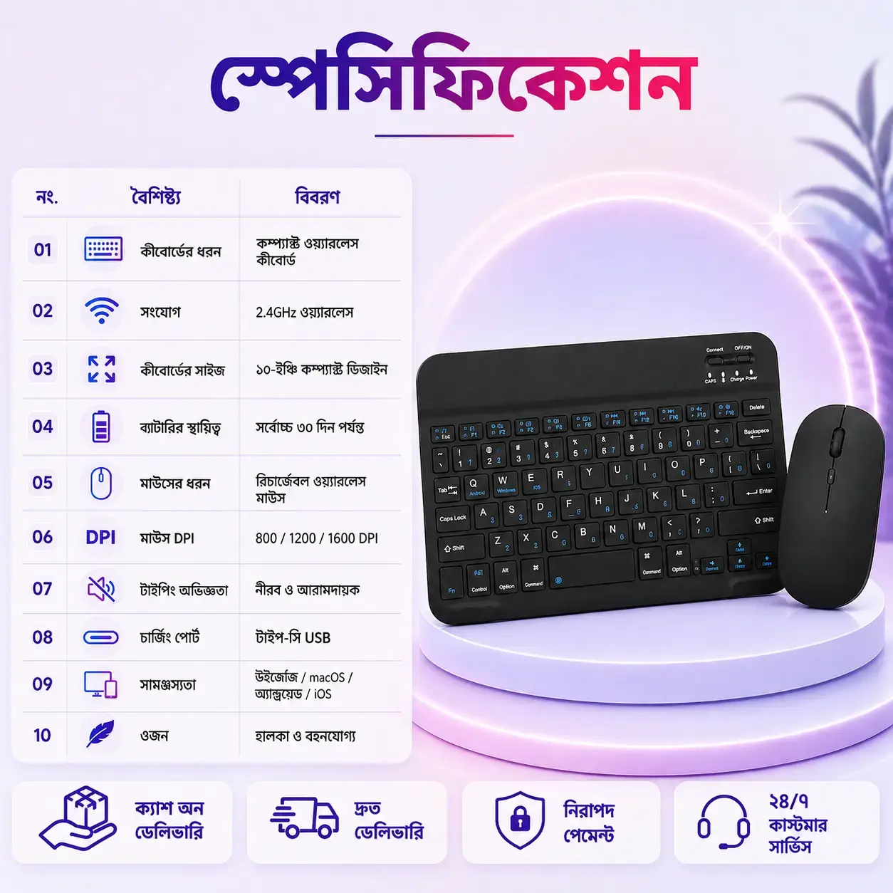 Black 10-Inch Slim Wireless Keyboard & Rechargeable Mouse Set – Bluetooth Multi-Device Combo 4