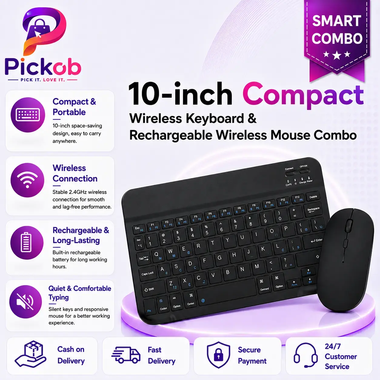 Black 10-Inch Bluetooth Wireless Keyboard & Rechargeable Mouse Combo – Slim Multi-Device Keyboard Set